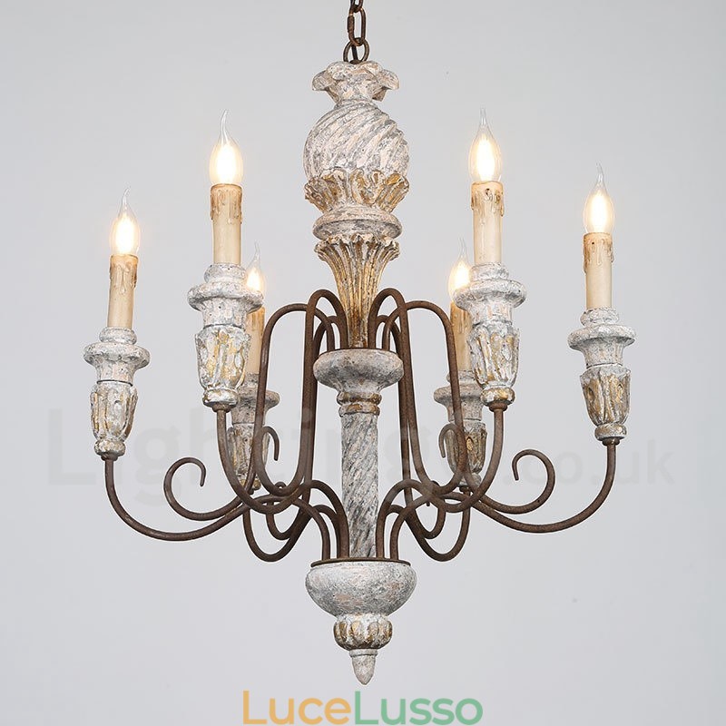 Lampadario vintage in legno a 6 luci a un livello per la luce