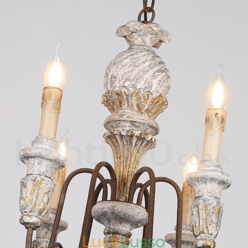 Lampadario vintage in legno a 6 luci a un livello per la luce