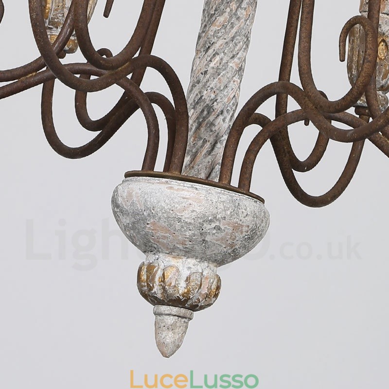 Lampadario vintage in legno a 6 luci a un livello per la luce