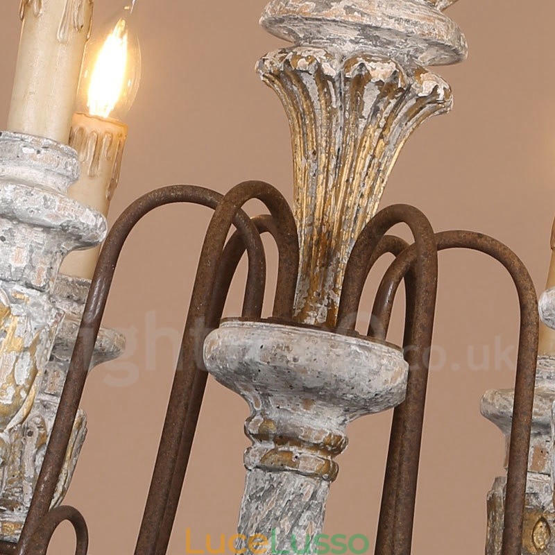 Lampadario vintage in legno a 6 luci a un livello per la luce