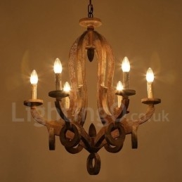 Lampadario in legno chiaro vintage a 6 luci a un livello