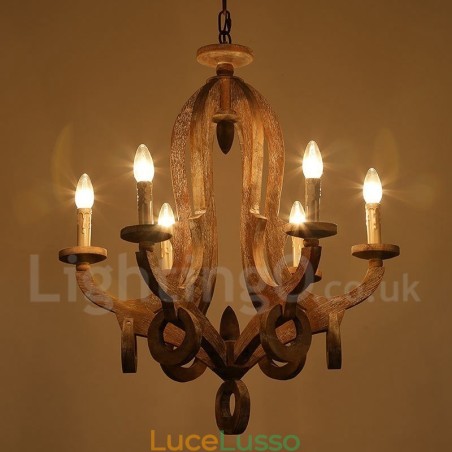 Lampadario in legno chiaro vintage a 6 luci a un livello Lampadario in legno chiaro vintage a 6 luci a un livello