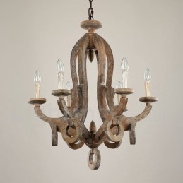 Lampadario in legno chiaro vintage a 6 luci a un livello