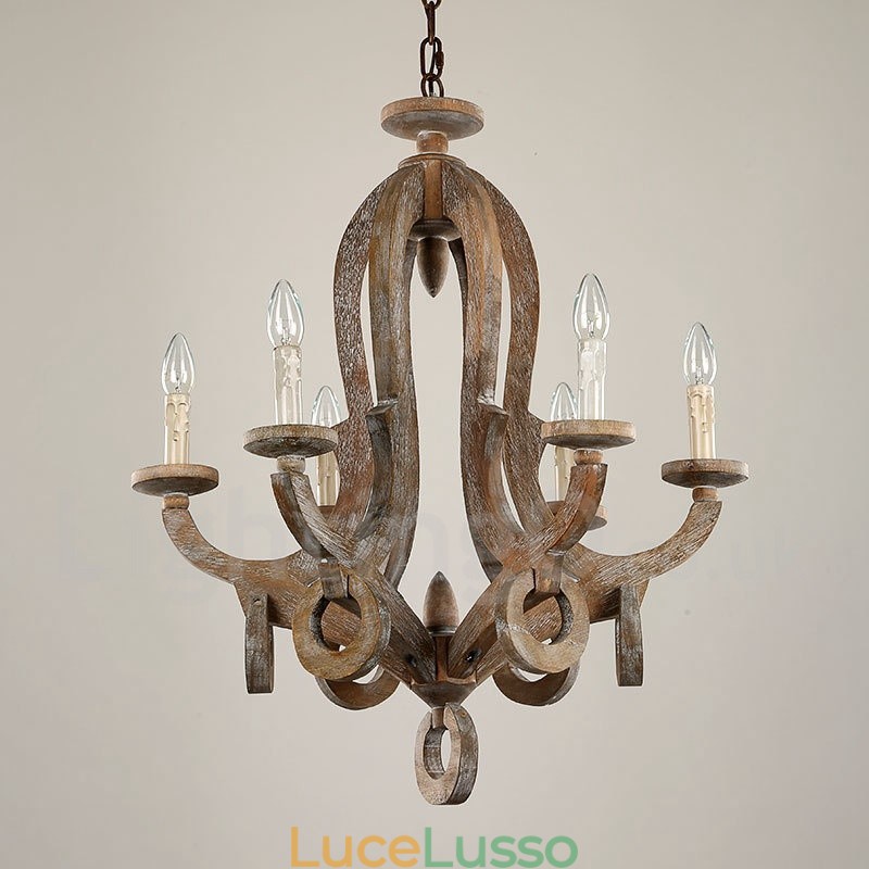 Lampadario in legno chiaro vintage a 6 luci a un livello