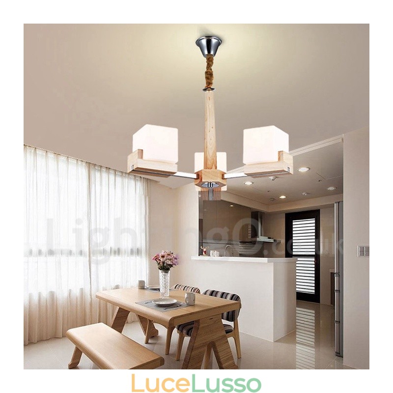 Lampadario moderno contemporaneo in legno a 3 luci a un livello