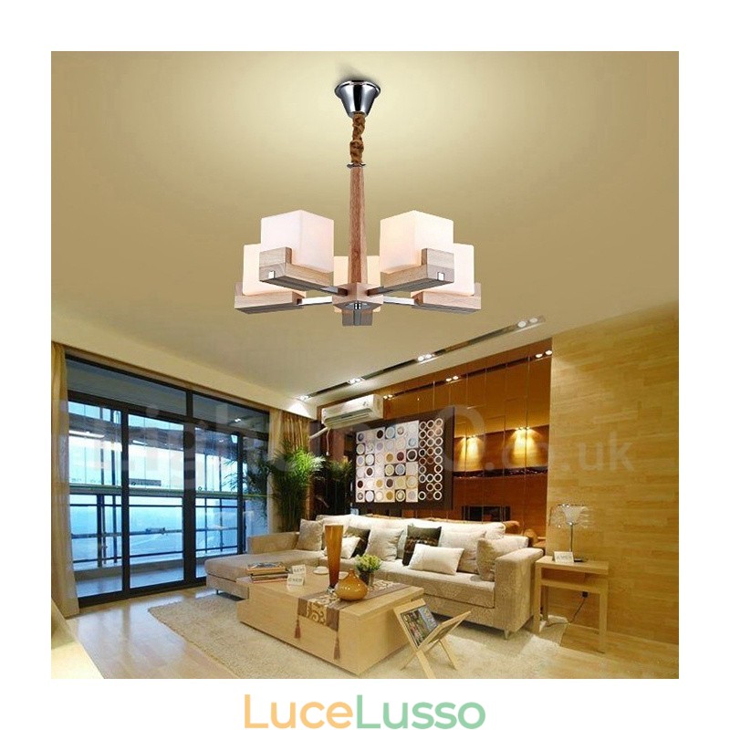 Lampadario moderno contemporaneo in legno a 5 luci a un livello