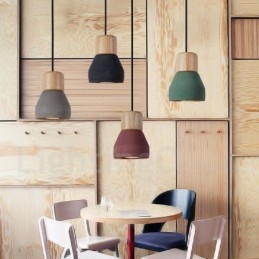Lampada a sospensione moderna contemporanea multicolore in legno e cemento, luce singola