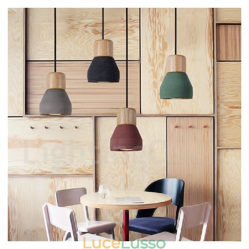 Lampada a sospensione moderna contemporanea multicolore in legno e cemento, luce singola