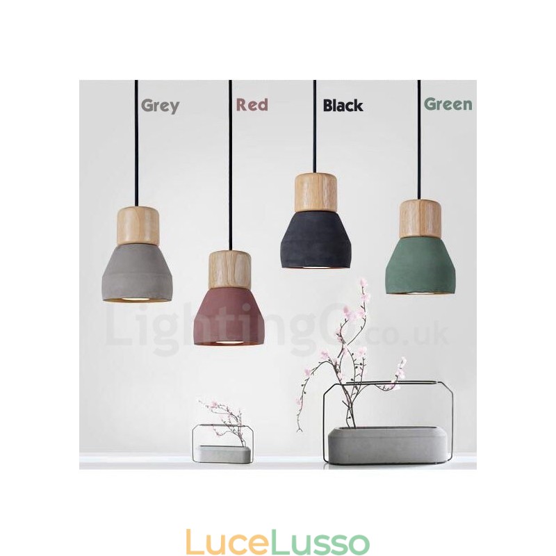 Lampada a sospensione moderna contemporanea multicolore in legno e cemento, luce singola