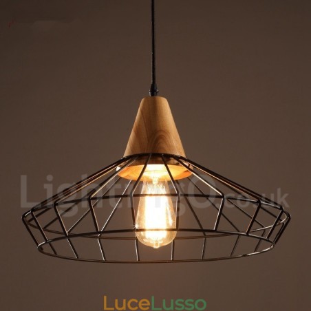 Lampada a sospensione in metallo e legno vintage