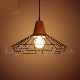 Lampada a sospensione in metallo e legno vintage