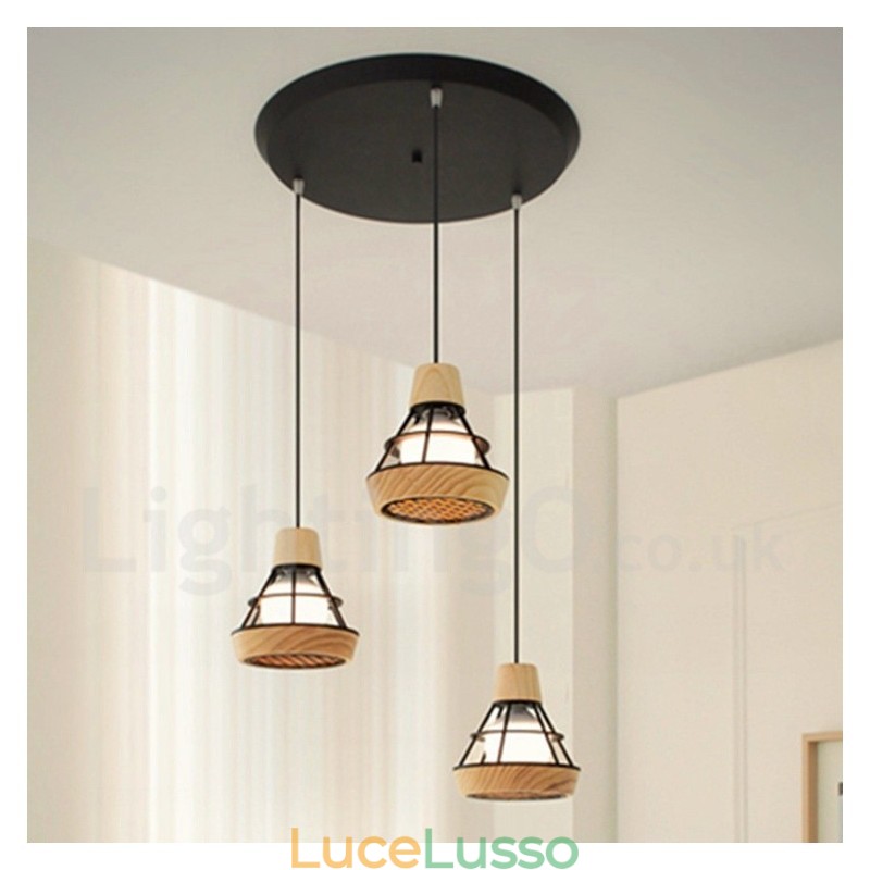 Lampada a sospensione in metallo e legno da pranzo