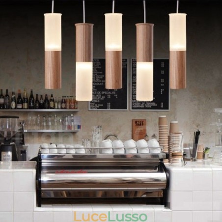 Lampada a sospensione moderna contemporanea in legno a 5 luci Lampada a sospensione moderna contemporanea in legno a 5 luci