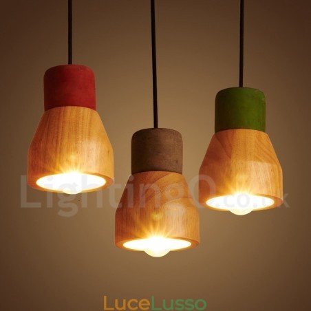 Lampada a sospensione vintage in legno e cemento Lampada a sospensione vintage in legno e cemento