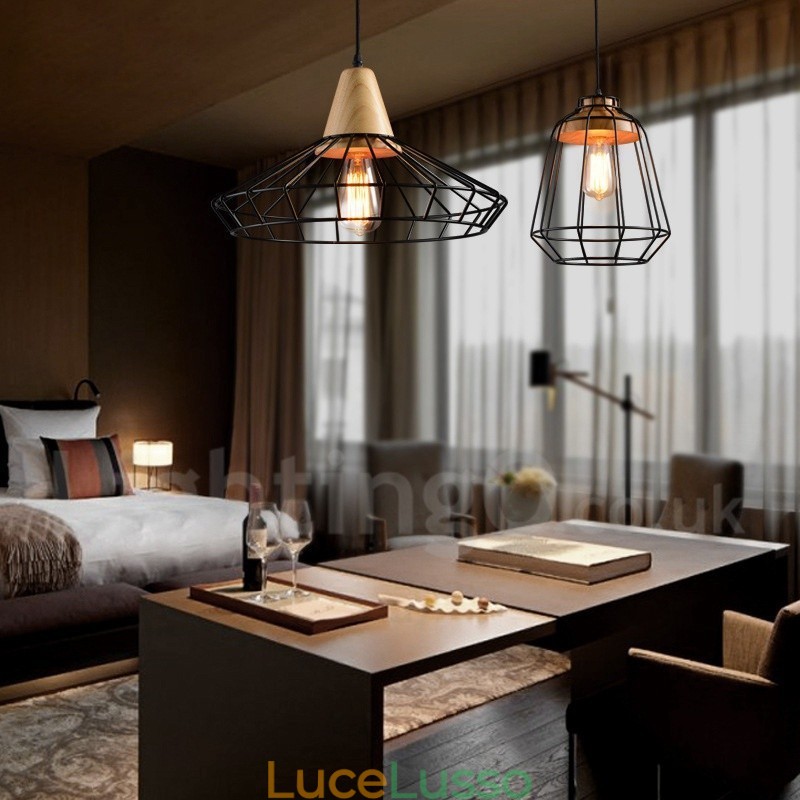 Lampada a sospensione in metallo e legno Country