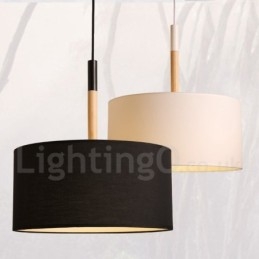 Lampada a sospensione moderna e contemporanea a tamburo in legno con paralume in tessuto