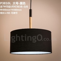 Lampada a sospensione moderna e contemporanea a tamburo in legno con paralume in tessuto