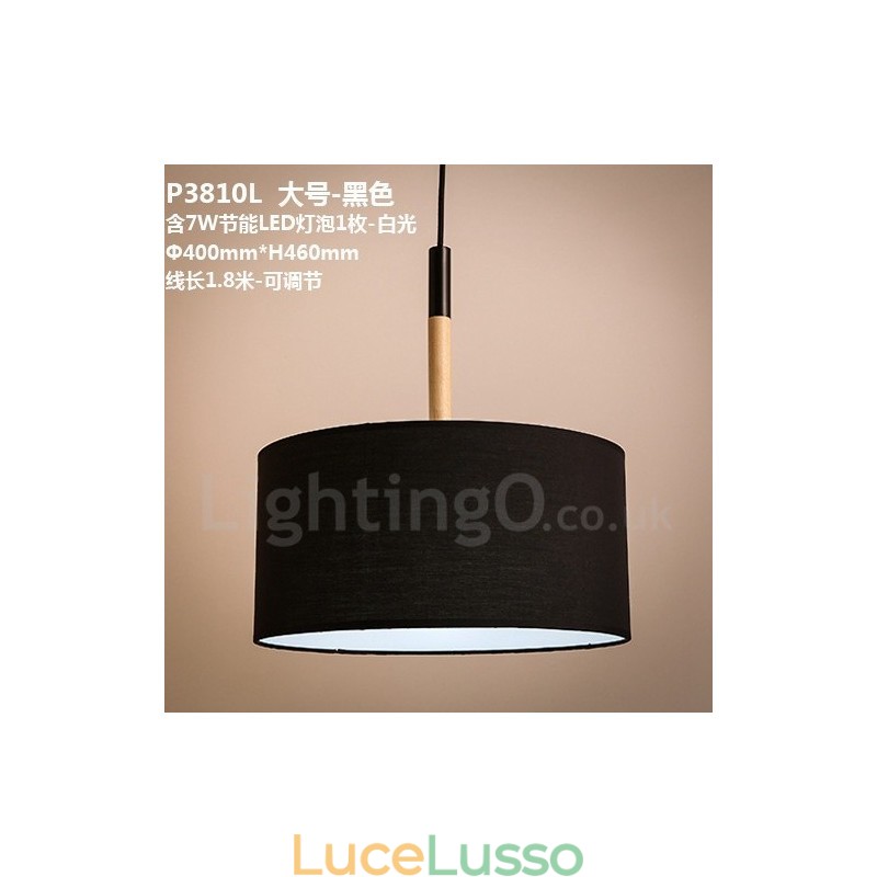 Lampada a sospensione moderna e contemporanea a tamburo in legno con paralume in tessuto