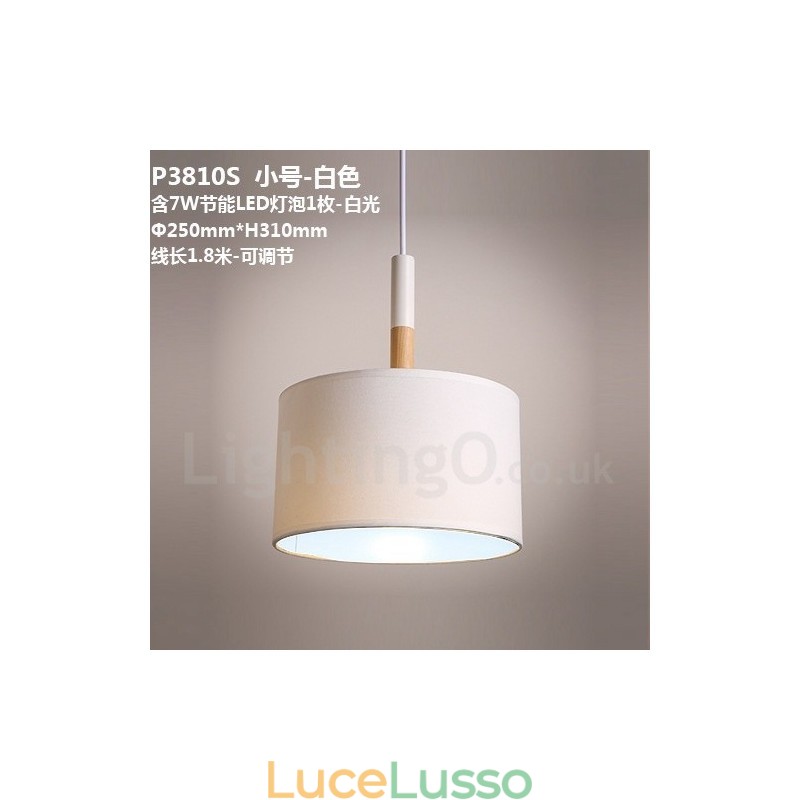 Lampada a sospensione moderna e contemporanea a tamburo in legno con paralume in tessuto