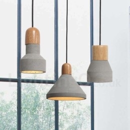 Lampada a sospensione moderna contemporanea in legno e cemento, luce singola