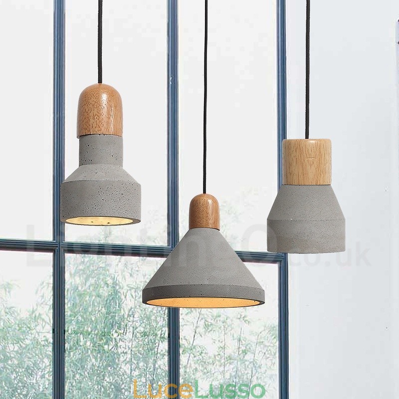 Lampada a sospensione moderna contemporanea in legno e cemento, luce singola