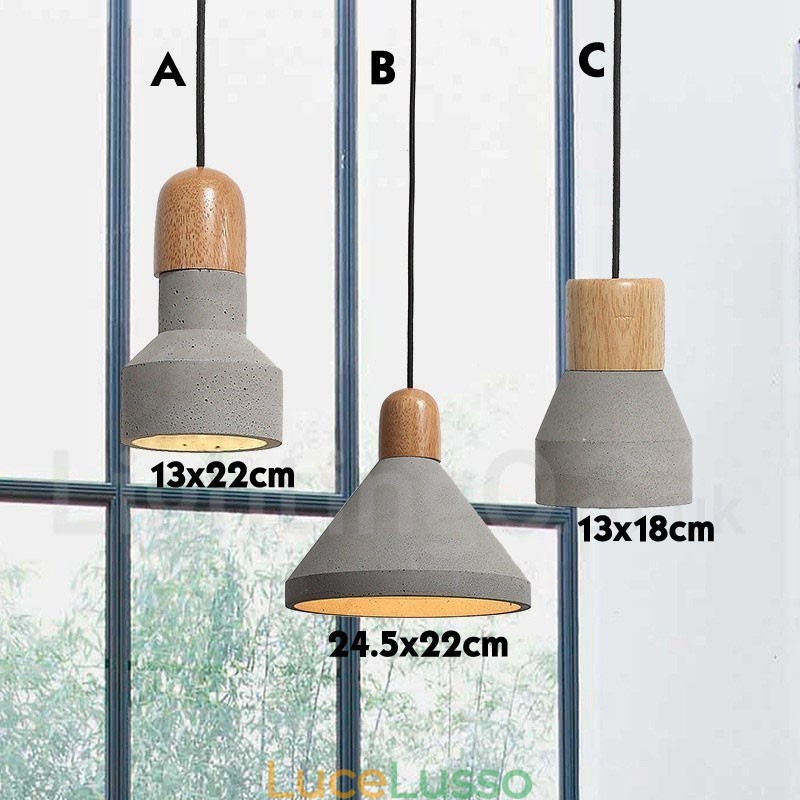 Lampada a sospensione moderna contemporanea in legno e cemento, luce singola