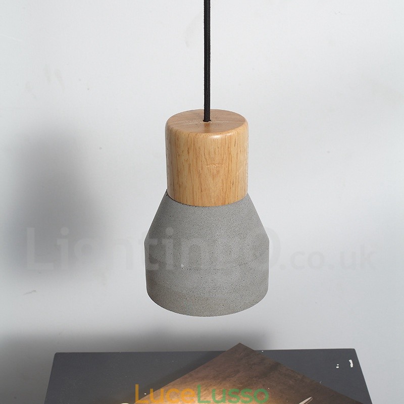 Lampada a sospensione moderna contemporanea in legno e cemento, luce singola