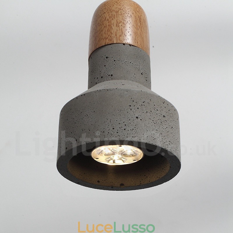 Lampada a sospensione moderna contemporanea in legno e cemento, luce singola