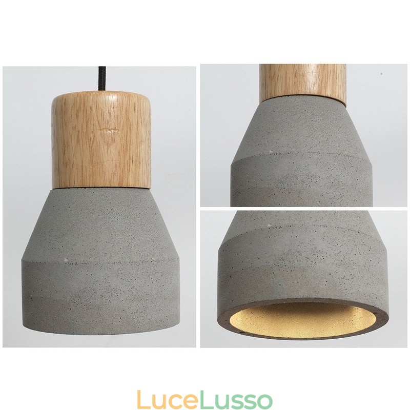Lampada a sospensione moderna contemporanea in legno e cemento, luce singola