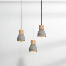 Lampada a sospensione moderna contemporanea in legno e cemento, luce singola