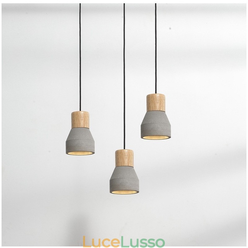 Lampada a sospensione moderna contemporanea in legno e cemento, luce singola