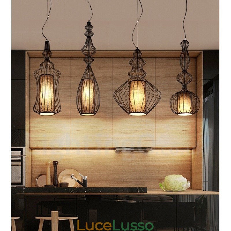 Lampada a sospensione a forma di vaso in metallo vintage country