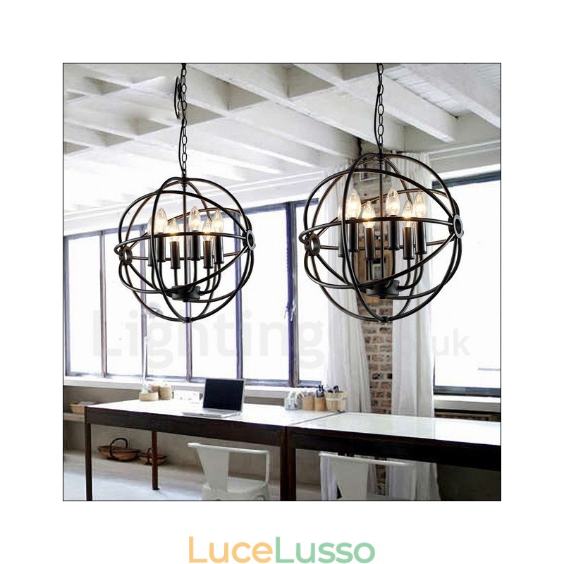Lampada a sospensione vintage a forma di globo in metallo con 6 luci