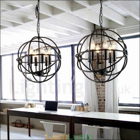 Lampada a sospensione vintage a forma di globo in metallo con 6 luci Lampada a sospensione vintage a forma di globo in metallo con 6 luci