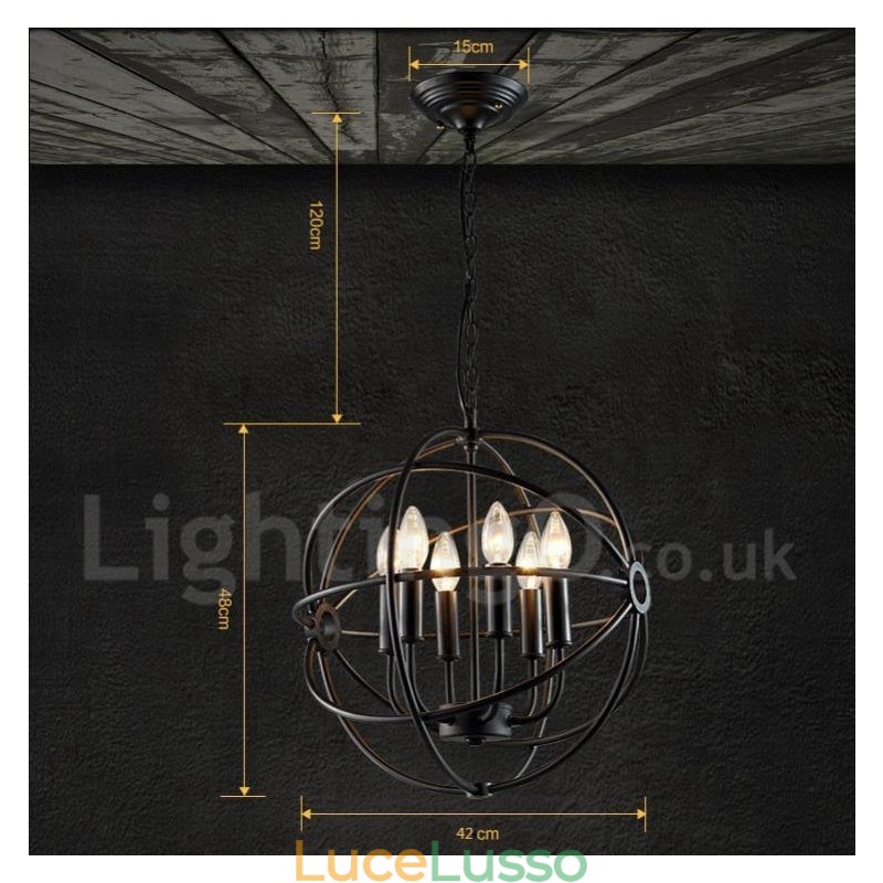 Lampada a sospensione vintage a forma di globo in metallo con 6 luci