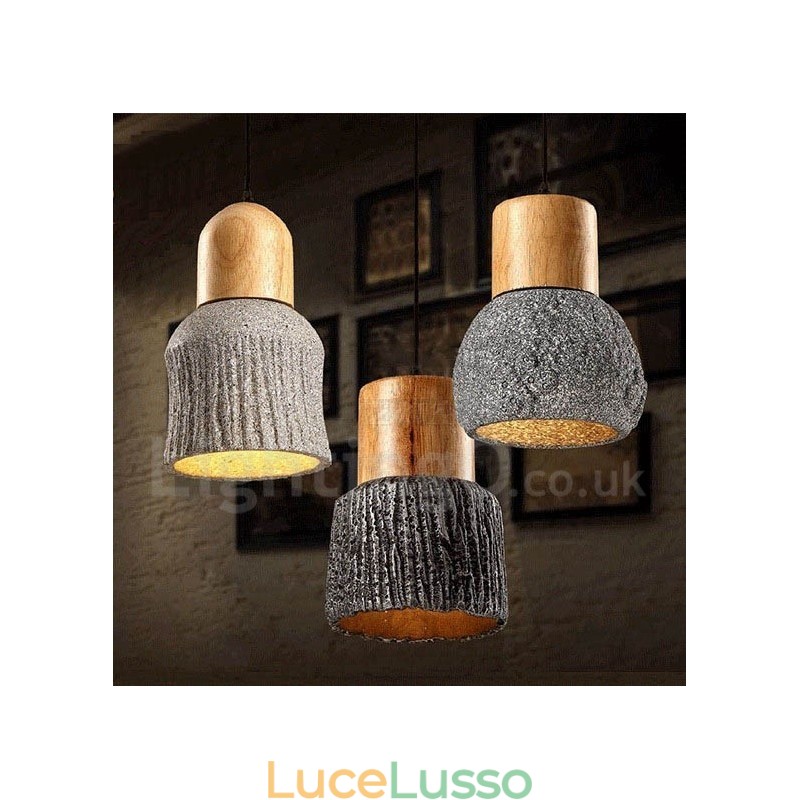 Lampada a sospensione retrò vintage in legno e cemento