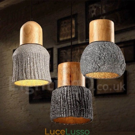Lampada a sospensione retrò vintage in legno e cemento Lampada a sospensione retrò vintage in legno e cemento