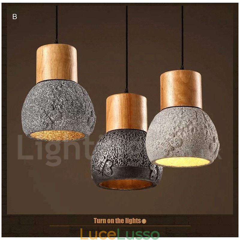 Lampada a sospensione retrò vintage in legno e cemento