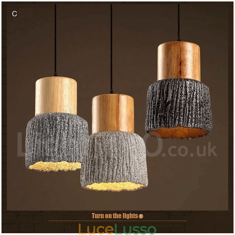 Lampada a sospensione retrò vintage in legno e cemento