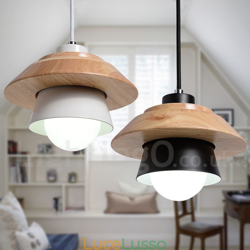 Lampada a sospensione in metallo e legno a 1 luce