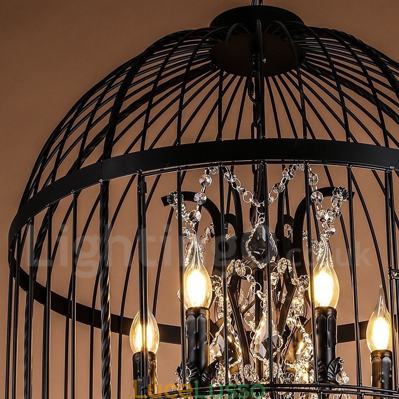 Lampada a sospensione retrò vintage in metallo a 4 luci a forma di gabbia per uccelli