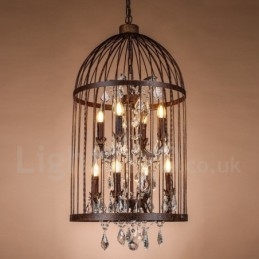 Lampada a sospensione retrò vintage in metallo a 8 luci a forma di gabbia per uccelli