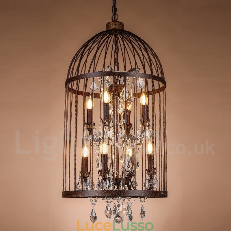 Lampada a sospensione retrò vintage in metallo a 8 luci a forma di gabbia per uccelli
