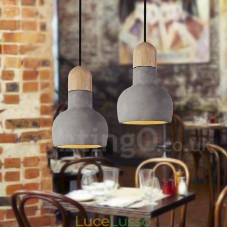 Lampada a sospensione singola in legno e cemento retrò vintage Lampada a sospensione singola in legno e cemento retrò vintage