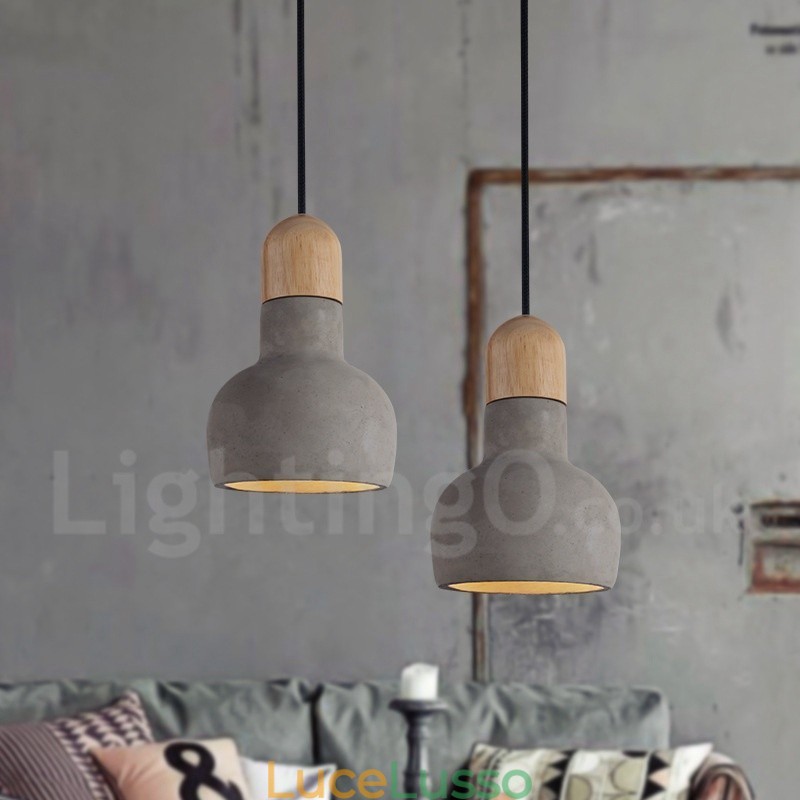 Lampada a sospensione singola in legno e cemento retrò vintage