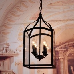 Lampada a sospensione rustica in metallo nero a 4 luci con paralume in vetro