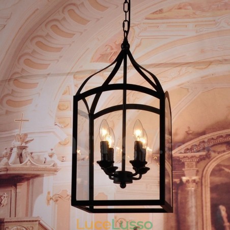 Lampada a sospensione rustica in metallo nero a 4 luci con paralume in vetro Lampada a sospensione rustica in metallo nero a 4 luci con paralume in vetro