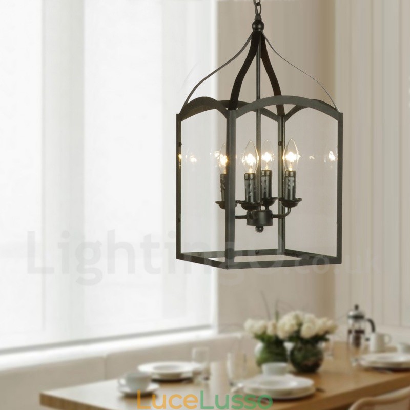 Lampada a sospensione rustica in metallo nero a 4 luci con paralume in vetro