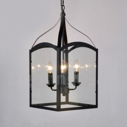 Lampada a sospensione rustica in metallo nero a 4 luci con paralume in vetro