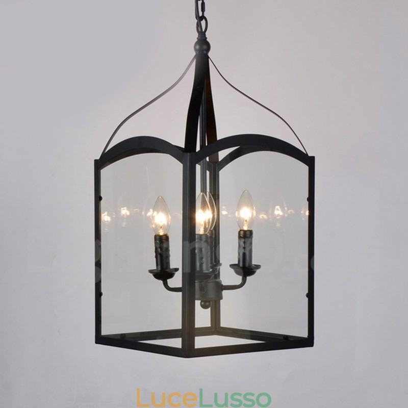 Lampada a sospensione rustica in metallo nero a 4 luci con paralume in vetro